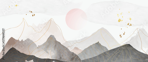 Luxury mountain wallpaper design with scenic landscape. Watercolor and gold line art hills background vector. Design illustration for cover, invitation, packaging, wall arts, fabric, poster, print.