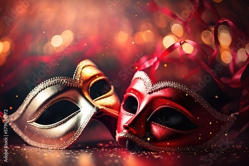 Traditional Venetian red carnival masks with bokeh lights as background. Concept: Carnival in Venice. Generative ai.