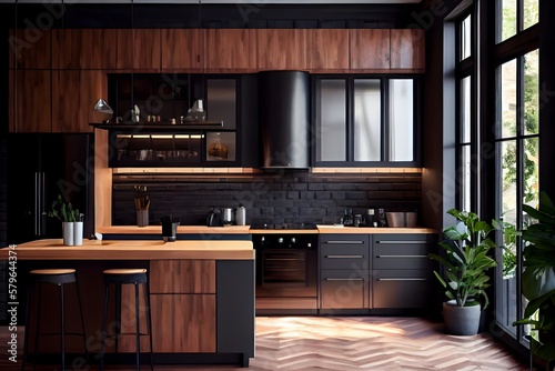 modern kitchen With black furnishings, wooden accents, and ceiling lamps, Generative AI