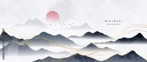 Luxury mountain wallpaper with foggy sky scenic landscape. Watercolor and gold line art texture hills background vector. Design illustration for cover, invitation, packaging, fabric, poster, print.