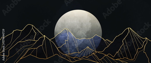 Luxury mountain wallpaper with night scenic landscape. Watercolor full moon and golden line art hills background vector. Design illustration for cover, invitation, packaging, fabric, poster, print.
