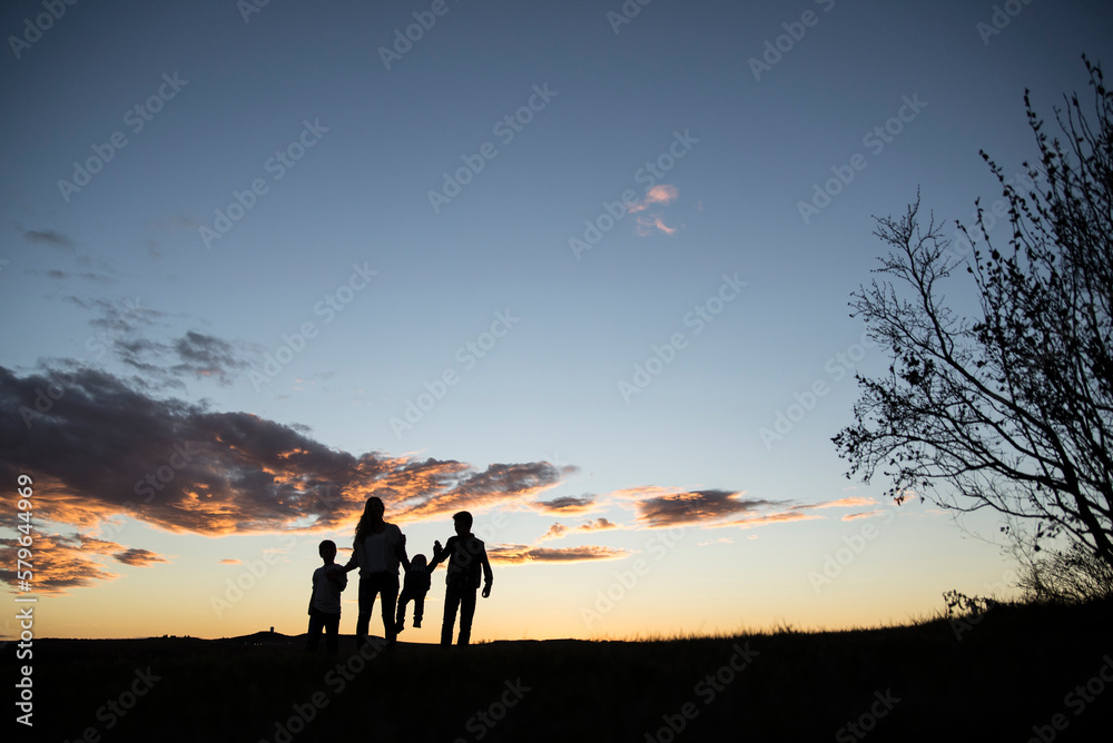 Happy silhouette family standing on field against sky during sunset Happy silhouette family standing on field against sky during sunset