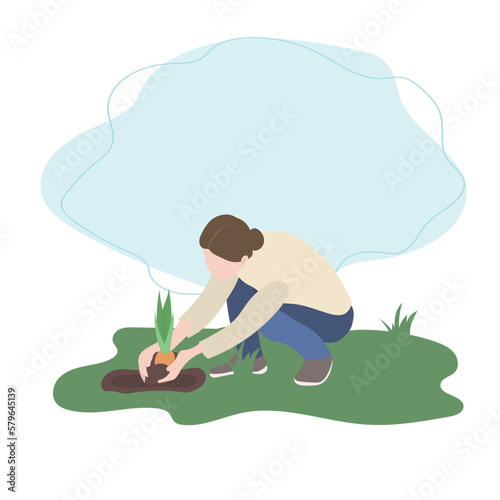 Woman planting garden flowers in soil. Woman working in garden. Illustartion in flat cartoon style