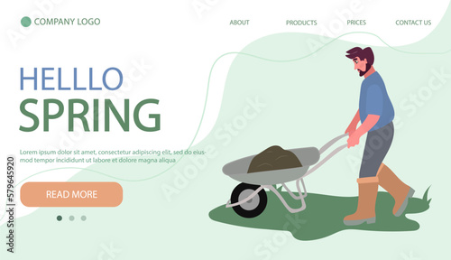 Man rolls a wheelbarrow with soil. Male working in garden. Illustartion in flat cartoon style. Web banner