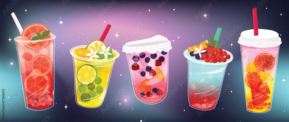 Ice tea summer drinks special promotions design. Fresh yummy drinks, beverage, soft drinks, sparkling lemon juice with topping on galaxy background. Doodle style for advertisement, banner, poster.  - obrazy, fototapety, plakaty 