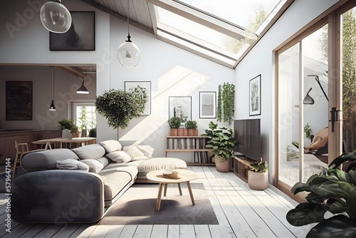 Scandinavian style living room with a skylight in the ceiling and a garden, interior scene and mockup. Generative AI photo