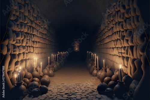 Murais de parede Scary endless medieval catacombs with torch Ai Generate