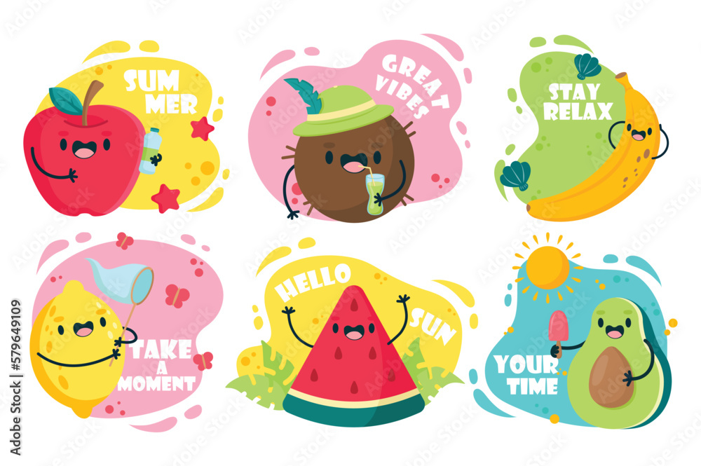 Set concept Cute Summer Fruits With Motivational Text without people scene in the flat cartoon design. Funny pictures of summer fruits. Vector illustration. Set concept Cute Summer Fruits With Motivational Text without people scene in the flat cartoon design. Funny pictures of summer fruits. Vector illustration.