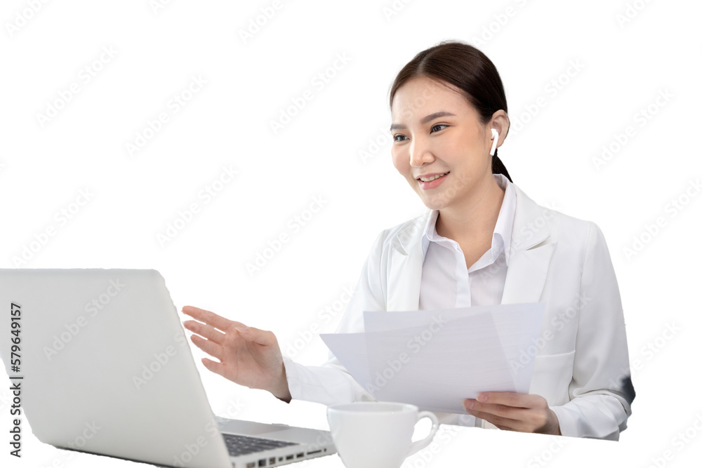 Young Asian women are talking friends and manager through video chats and greeting them with cheerful expressions, Online communication , Stay home, New normal, VDO Call, Internet working. Young Asian women are talking friends and manager through video chats and greeting them with cheerful expressions, Online communication , Stay home, New normal, VDO Call, Internet working.