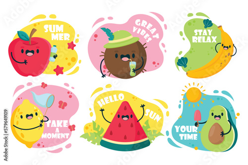 Set concept Cute Summer Fruits With Motivational Text without people scene in the flat cartoon design. Funny pictures of summer fruits. Vector illustration.