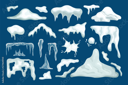 White snowdrifts icicles and snowballs set icons concept without people scene in the flat cartoon design. Image of snowdrifts icicles and snowballs on a dark background. Vector illustration.