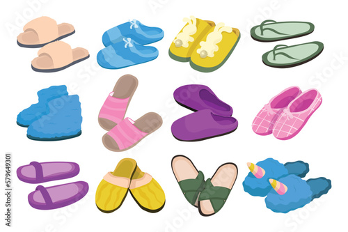 Concept Comfortable home footwear set without people scene in the flat cartoon design. Image if various home slippers. Vector illustration.