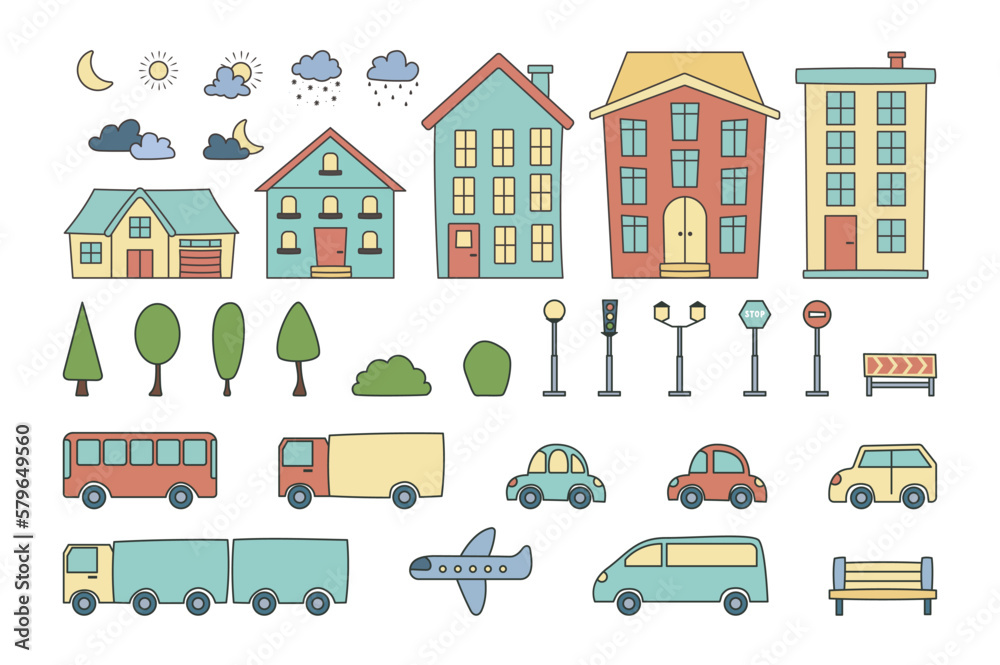 Obraz premium Elements for the creation of a city, hand drawn concept without people scene in the flat cartoon design. Image of elements of big cities. Vector illustration.