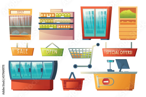 Supermarket interior design element set concept without people scene in the flat cartoon style. Different types of showcases with products that can be found in a supermarket. Vector illustration.
