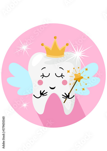 Funny tooth fairy in a crown with wings