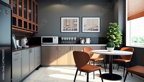 Illustration of a luxurious and elegant break room of a modern office. Relaxed atmosphere, style and a touch of sophistication. Taken during the day. Generated by AI. © CSS Studio