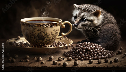 a cup of coffee and musang musang.Generative AI photo