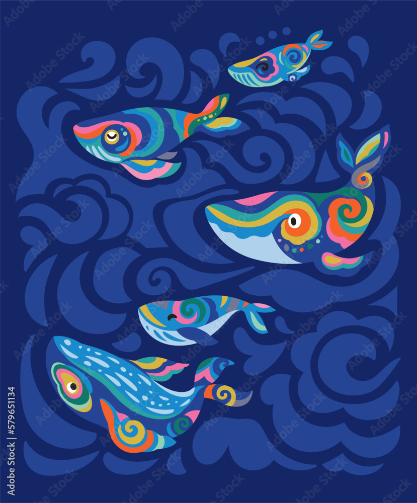 Cute print with folk rainbow whales and blue waves Cute print with folk rainbow whales and blue waves