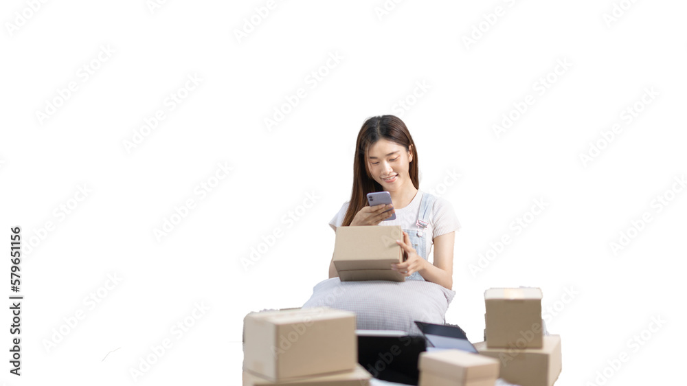 Woman taking a photo of product in box postbox with a mobile phone, Identity verification or order confirmation, Business style for working at home, Working at home and owning businesses. Woman taking a photo of product in box postbox with a mobile phone, Identity verification or order confirmation, Business style for working at home, Working at home and owning businesses.