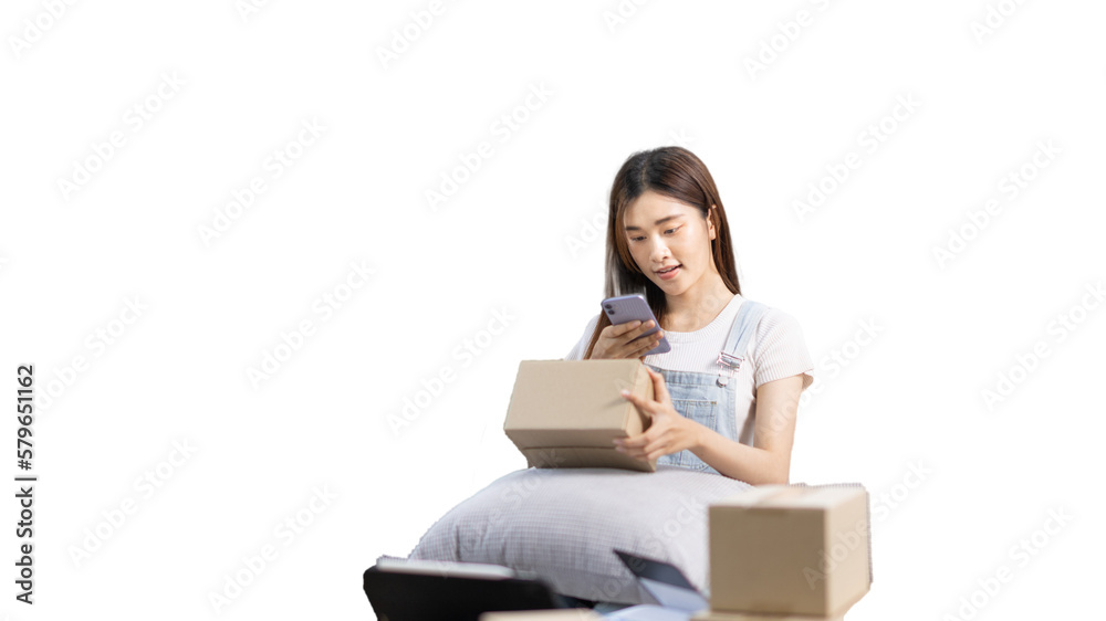 Woman taking a photo of product in box postbox with a mobile phone, Identity verification or order confirmation, Business style for working at home, Working at home and owning businesses. Woman taking a photo of product in box postbox with a mobile phone, Identity verification or order confirmation, Business style for working at home, Working at home and owning businesses.
