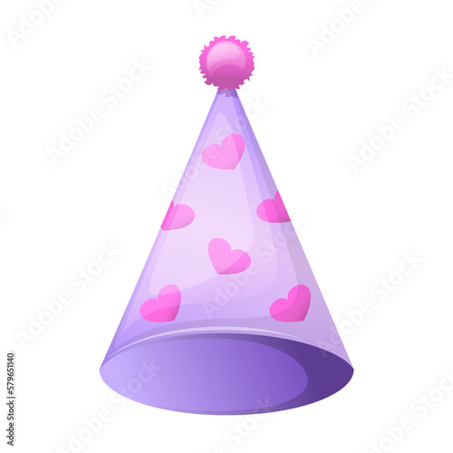 flat cartoon design illustration of colored hat for birthday party. vector - illustration. purple with pink hearts  birthday hats isolated on white background. Vector cones
