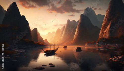 River Serenade: Majestic Chinese Landscape with Sunset Glow, Boats, and Mountains