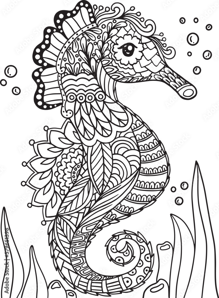 Fototapeta premium Hand-drawn Seahorse doodle with flower decorative elements design. Coloring page for adults and kids. Vector Illustration 