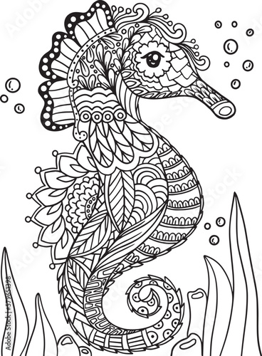 Hand-drawn Seahorse doodle with flower decorative elements design. Coloring page for adults and kids. Vector Illustration
