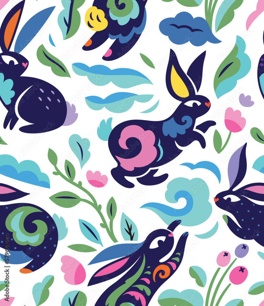 Seamless pattern of Rabbit silhouettes with folk ornaments inside and blossom leaves
