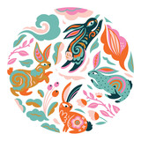 Vector rabbit characters design with beautiful blossom flowers in the circle