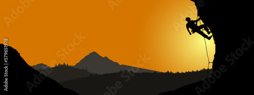 Climb adventure hobby vector illustration for logo - Black silhouette of a climber on a cliff rock with mountains landscape and sunset sunrise as a background