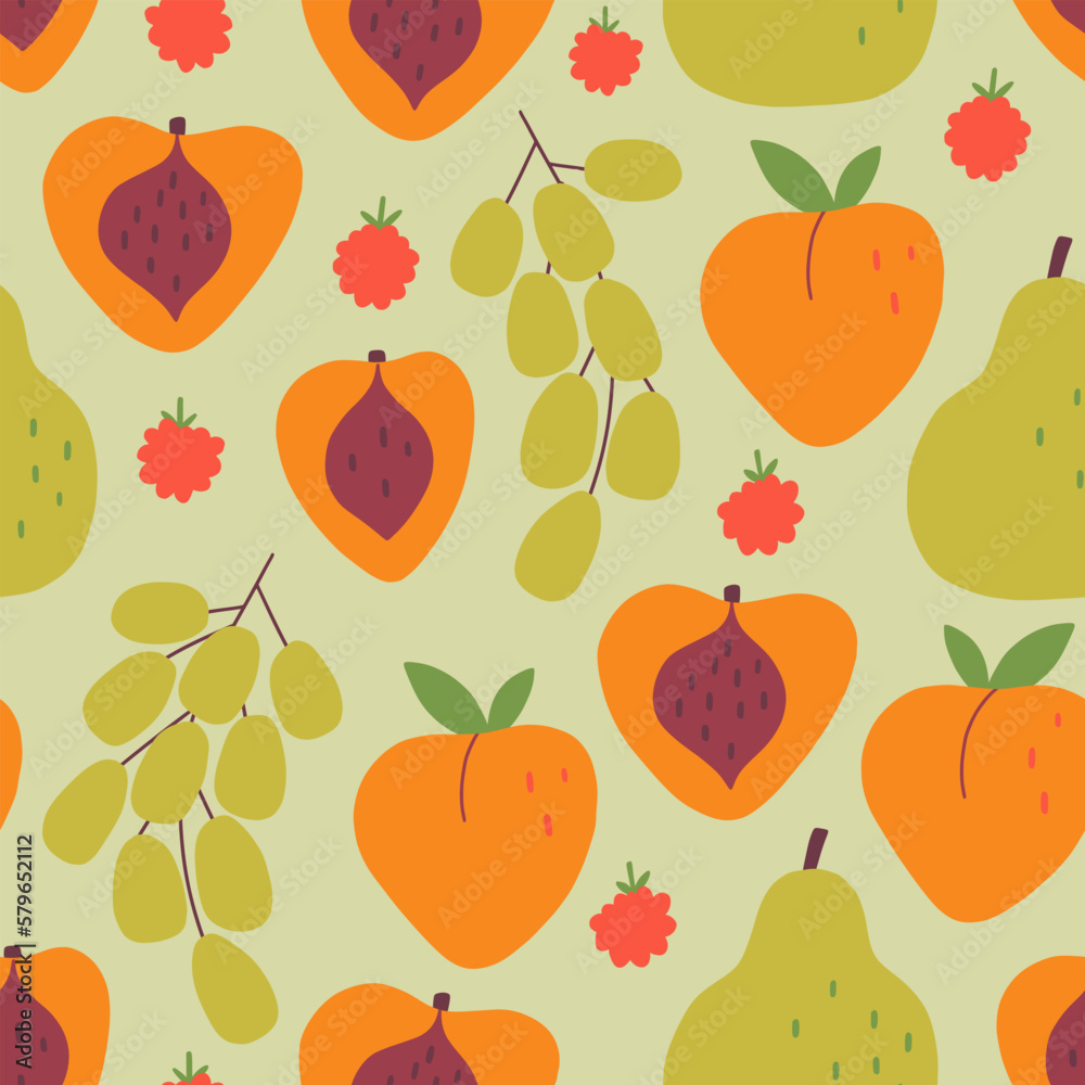 Fruit summer pattern. Cute seamless kitchen fabric print with fruits: peach, grape, pear, raspberry. Flat hand drawn doodle vector illustration.