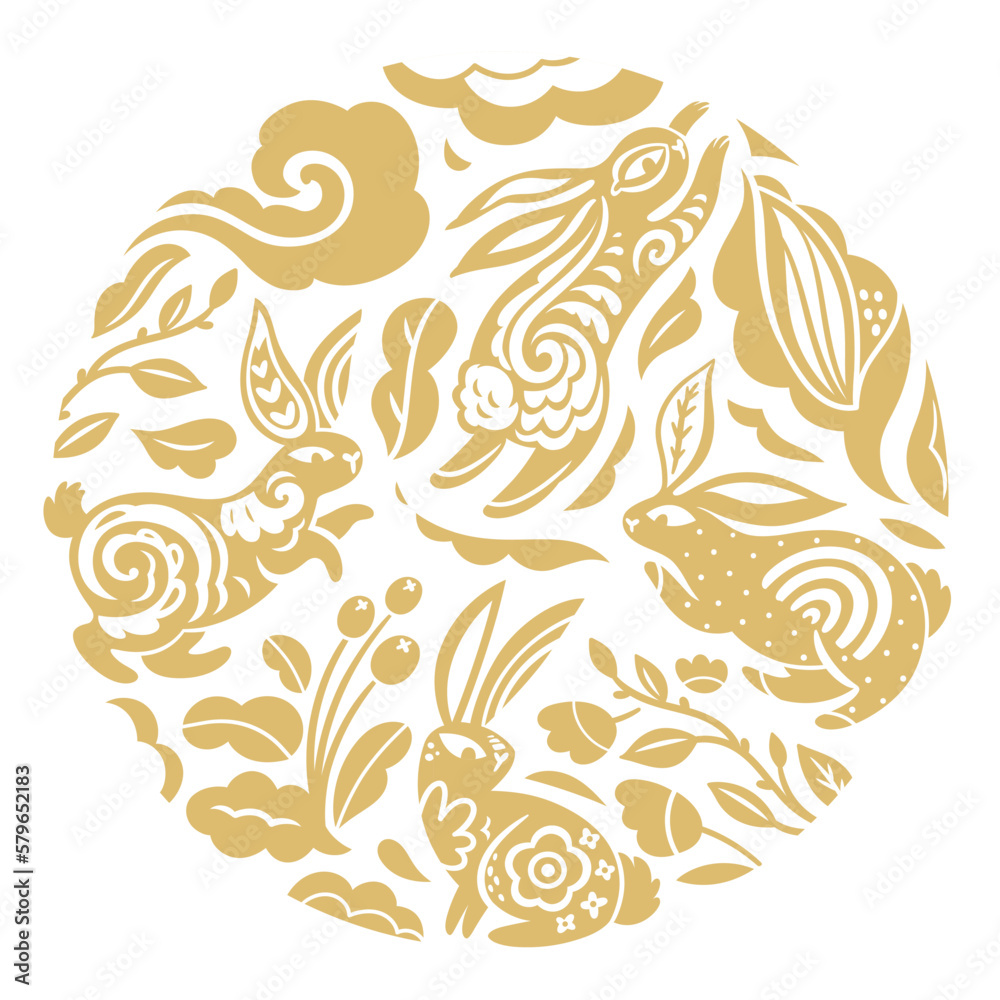 Obraz premium Gold rabbit characters design with beautiful blossom flowers in the circle. Vector illustration