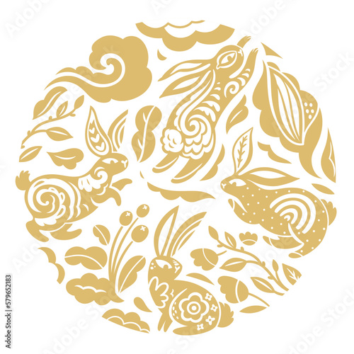 Gold rabbit characters design with beautiful blossom flowers in the circle. Vector illustration