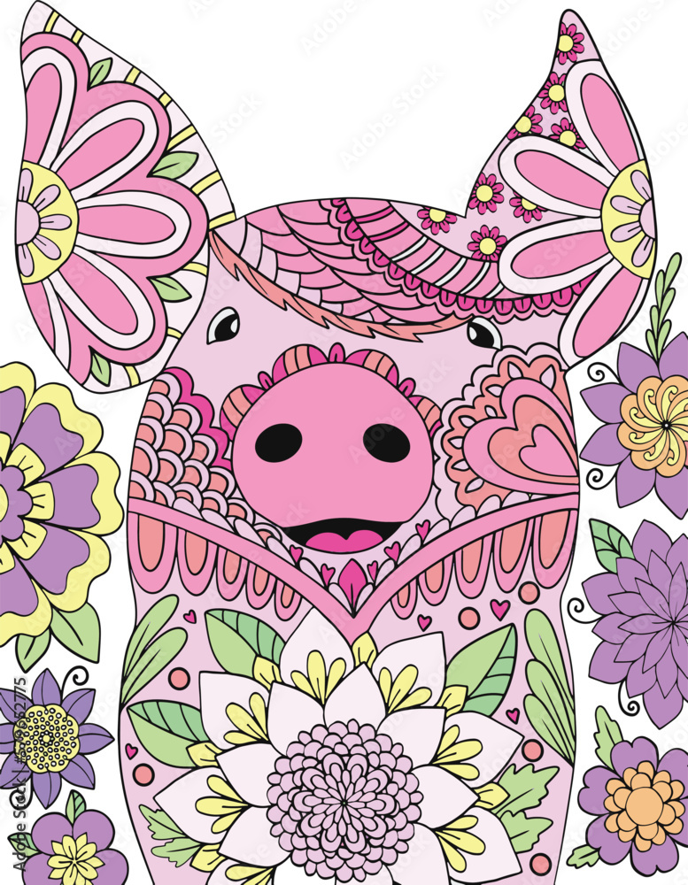 Hand drawn Pig doodle with flower decorative elements. Coloring page ...