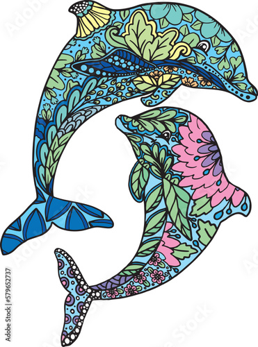 Dolphins doodle with flower decorative elements. Coloring page for adults and kids. Hand drawn art design. Vector Illustration.
