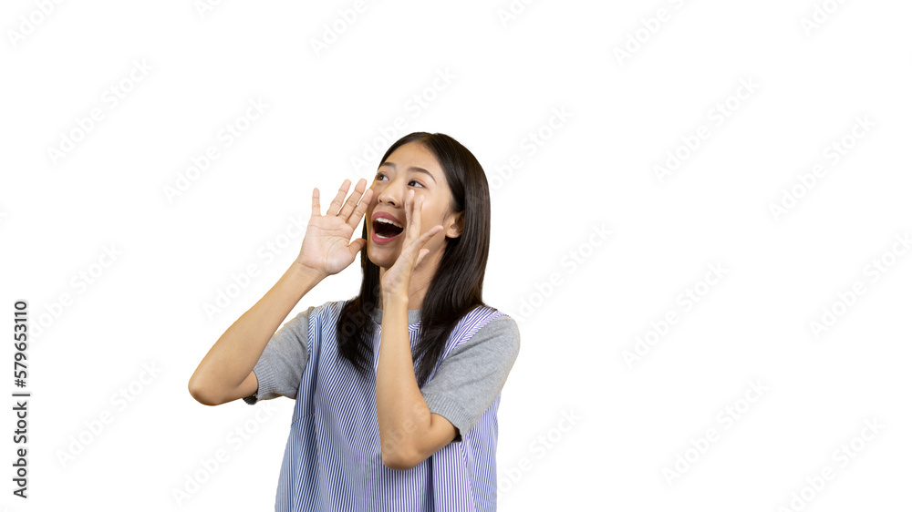Announce the good news, Asian woman shouting for attention or calling for attention, Hurry up and see, Hot promotion, First come first serve, Limited quantity, Do not miss, Advertisement area. Announce the good news, Asian woman shouting for attention or calling for attention, Hurry up and see, Hot promotion, First come first serve, Limited quantity, Do not miss, Advertisement area.