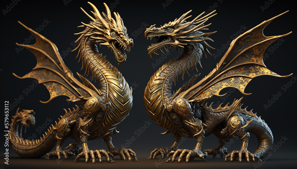 Fototapeta premium Majestic Chinese Dragon Statues in Vibrant Colors