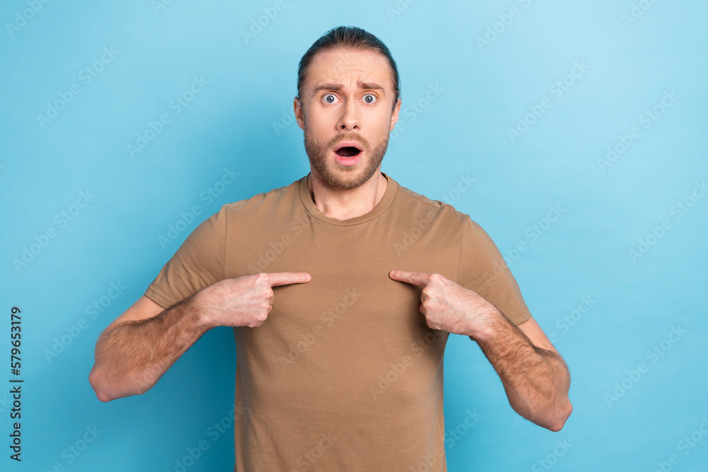Photo of shocked questioned person open mouth staring point fingers himself isolated on blue color background - obrazy, fototapety, plakaty 