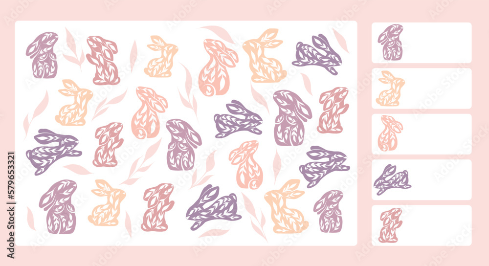 Vector template for preschool games. I spy game. Childrens educational fun. Count how many decorated rabbits. Cartoon folk art bunnies Vector template for preschool games. I spy game. Childrens educational fun. Count how many decorated rabbits. Cartoon folk art bunnies