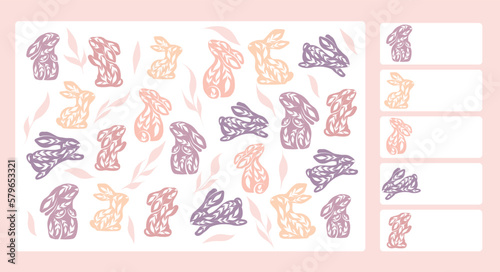 Vector template for preschool games. I spy game. Childrens educational fun. Count how many decorated rabbits. Cartoon folk art bunnies