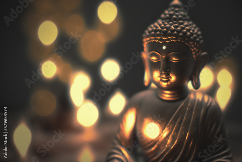 Close-up of golden Buddha statue with bokeh background © artefacti