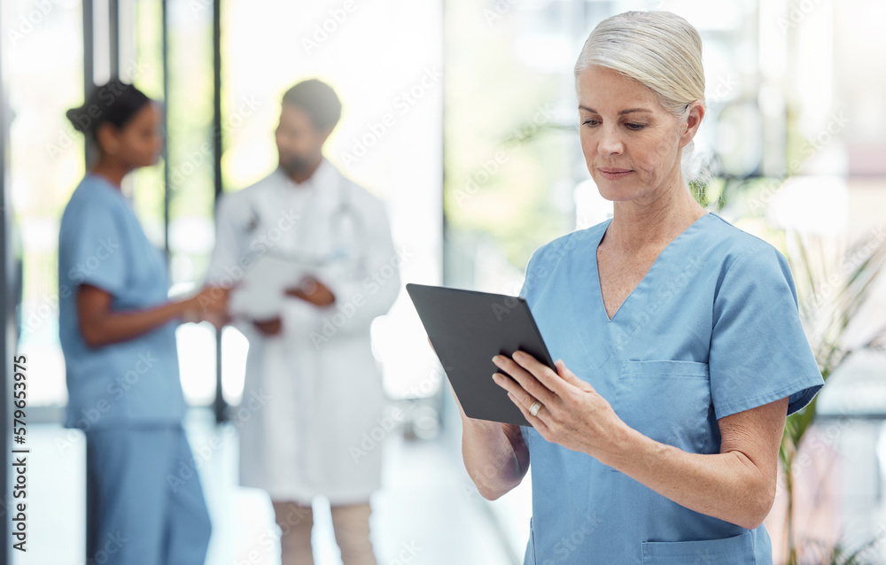 Nurse, tablet and hospital, health and woman check patient information, technology with digital medical data. Clinic, nursing and online medicine report, mature person and healthcare professional. Nurse, tablet and hospital, health and woman check patient information, technology with digital medical data. Clinic, nursing and online medicine report, mature person and healthcare professional.