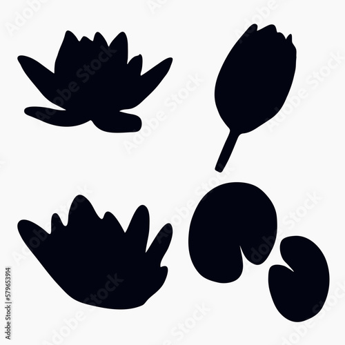 Real modern silhouettes plants, herbs. Drawing flowers water lily, nymphaea. Flat design art design template.