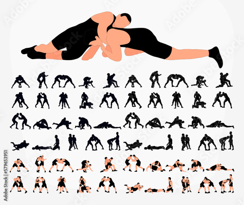 Big set 60 silhouettes athlete wrestler in wrestling, duel, fight. Greco Roman  wrestling, martial art, sportsmanship