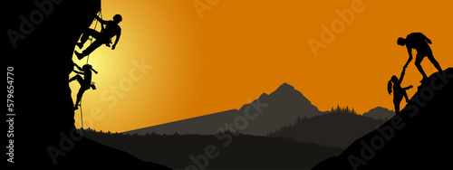 Climb climbers adventure hobby vector illustration for logo - Black silhouette of a climber woman and man on a cliff rock with mountains landscape and sunset sunrise as a background