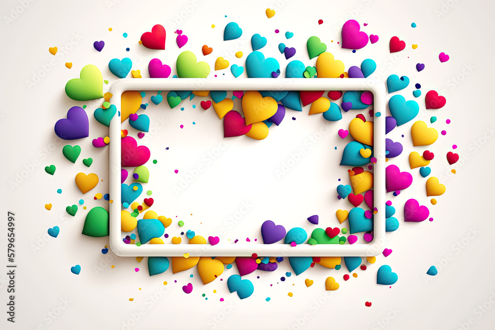Mockup of colorful hearts and frame on white background.AI generative Mockup of colorful hearts and frame on white background.AI generative