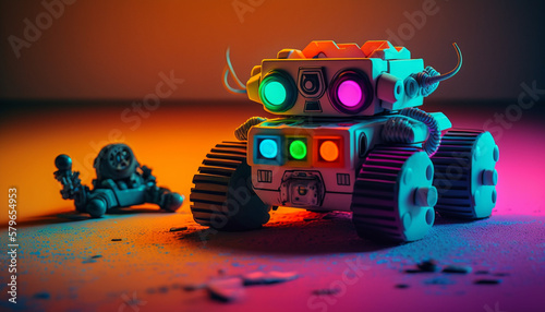 Robo Fun: 80s Toy Robot on Neon-Colored Flooring
