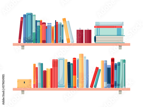 Pair of hanging bookshelves. Vector colorful illustration isolated on white background. Home library. 
Vector illustration of textbooks.