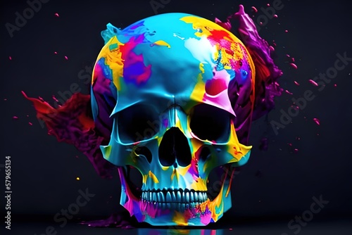 Beautiful abstract Human skull splashed in colorful paint background. Ai generative